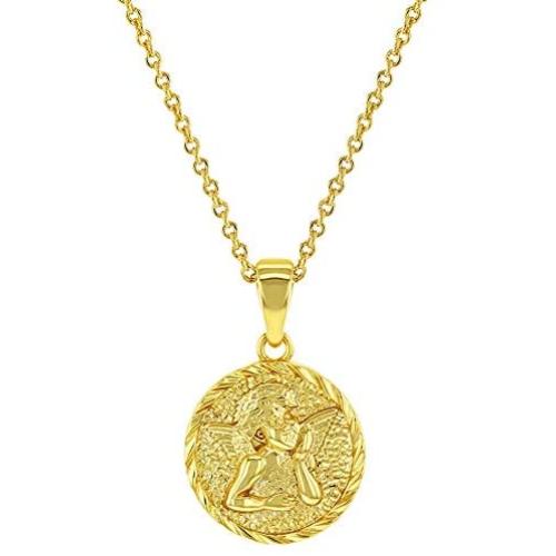 In Season Jewelry 18k Yellow Gold Plated Guardian Angel Medal Baptism Gift Pendant Necklace 18''