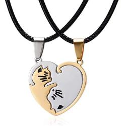 Pair Cat Couple Necklace Stainless Steel Ying Yang Friendship Cute Pet Cat Pendant for Lover Friend Family