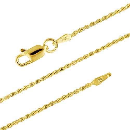 14kt Yellow Gold Plated Sterling Silver 1.1mm Diamond-Cut Rope Chain Necklace Solid Italian Nickel-Free, 14-36 Inch