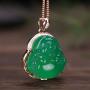 yigedan 14k Gold Plated Green Jade Gemstone Buddha Pendant Lucky Necklace