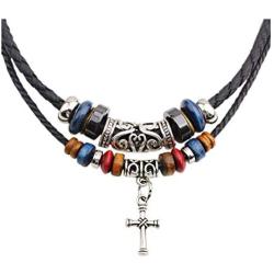 Mystart Pack of 2 Double Beaded Cross Necklace Adjustable European Religious Leather Rope Necklace Jewelry