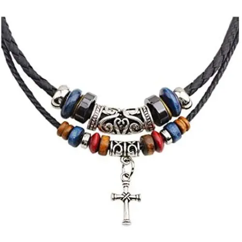 Mystart Pack of 2 Double Beaded Cross Necklace Adjustable European Religious Leather Rope Necklace Jewelry