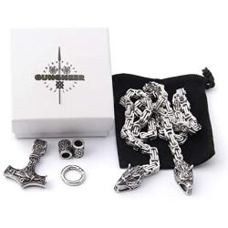 GUNGNEER Thors Hammer Pendant Viking Mjolnir Necklace for Men with Wolf Head Square Chain, 316L Stainless Steel Bonus 2 Rune Beads