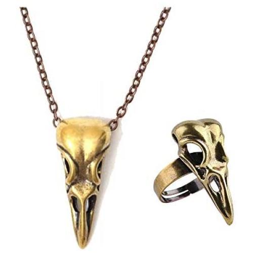 YANCHUN Skull Necklace Skull Stud Earrings for Women Stainless Steel Punk Biker Skull Ring for Men Halloween Jewelry Set
