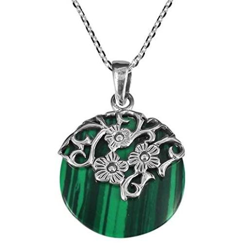 AeraVida Daisy Vines Adorned Malachite Disc .925 Sterling Silver Pendant Necklace