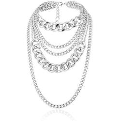 Punk Exaggerated Chunky Collar Necklace Multi Layered Thick Cuban Link Long Chain Choker Necklace for Women Party Body Jewelry(Silver)