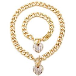 Fashion 21 Womens Pave Filled 3D Heart Pendant 16'' Cuban Link Chain & Bracelet Set in Gold, Silver Color Plated