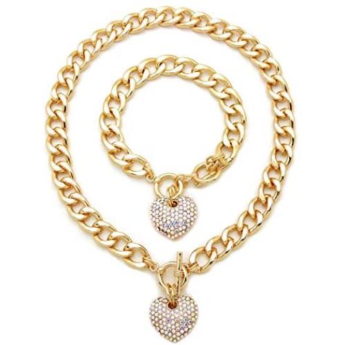 Fashion 21 Womens Pave Filled 3D Heart Pendant 16'' Cuban Link Chain & Bracelet Set in Gold, Silver Color Plated