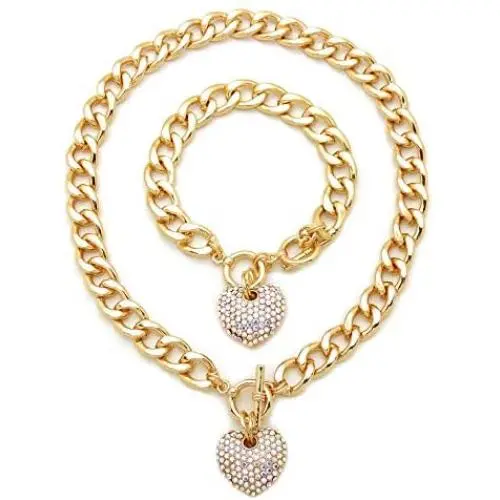 Fashion 21 Womens Pave Filled 3D Heart Pendant 16'' Cuban Link Chain & Bracelet Set in Gold, Silver Color Plated Fashion 21 Womens Pave Filled 3D Heart Pendant 16'' Cuban Link Chain & Bracelet Set in Gold, Silver Color Plated
