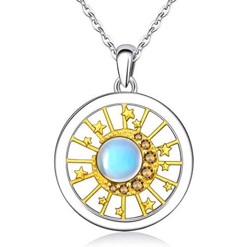 Opal Moonstone Necklace for Women Star Moon Sun Necklace 14k gold plated Choker S925 Sterling Silver You Are My Sunshine Double Circle Pendant Dainty Jewelry Girls Gifts