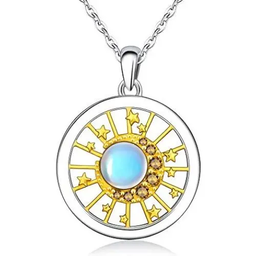 Opal Moonstone Necklace for Women Star Moon Sun Necklace 14k gold plated Choker S925 Sterling Silver You Are My Sunshine Double Circle Pendant Dainty Jewelry Girls Gifts