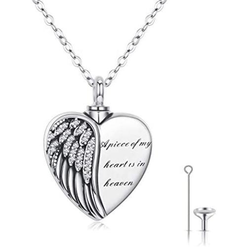 Angel Wing Urn Necklace for Ashes 925 Sterling Silver Personalized Heart Urn Necklaces for Ashes Keepsake Necklace for Ashes Guardian Angel Promise Necklace for Women Girls Cremation Jewelry Gifts