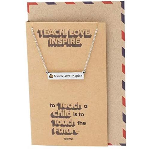 Quan Jewelry Horizontal Bar Necklace, Inspirational Gifts for School Teacher Mentor Professor, Teach Love Inspire Collection, Apple Lover Pendant - 100% Handmade & Imported