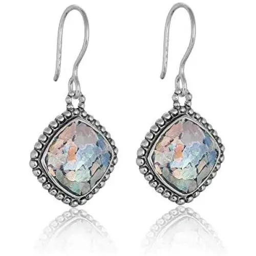 PZ Paz Creations Roman Glass Dangle Earrings For Women Girls | Sterling Silver Intricate Design | Hypoallergenic For Pierced Ears
