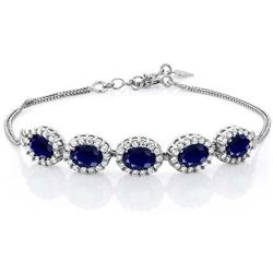Gem Stone King 925 Sterling Silver Blue Sapphire Gemstone Birthstone Bracelet, 6.14 Ctw, Center Stones: 7X5MM, 7 Inch + 1.5 inch Extender