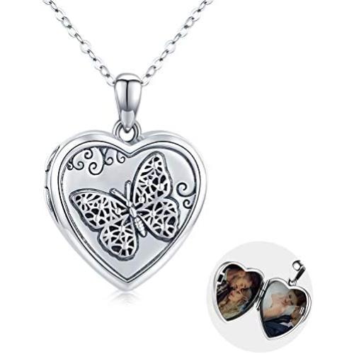 Butterfly Locket Necklace That Holds Picture ,Sterling Silver Photo Necklace Heart Locket Jewelry for Women Gift