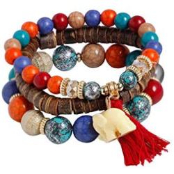 YAZILIND Hand-Woven Elephant Stone Beads Multilayer Bracelet Bohemian Beaded Bracelets for Women Tassel Pendant Jewelry Set Gifts for Women Girls