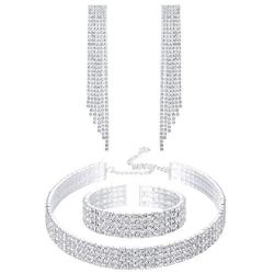 Udalyn Silver Fringe Crystal Rhinestone Bridesmaid Jewelry Sets for Women Necklace and Earring Set for Wedding with Crystal Bracelet