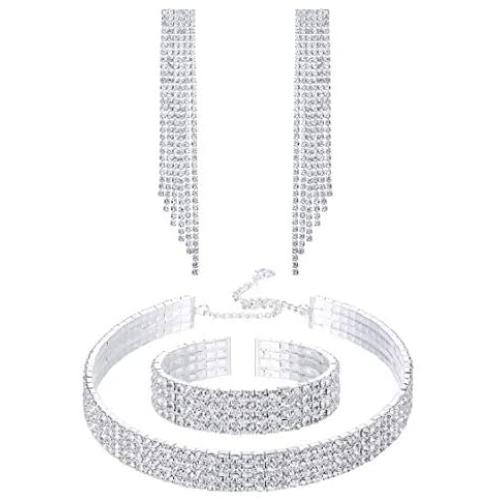 Udalyn Silver Fringe Crystal Rhinestone Bridesmaid Jewelry Sets for Women Necklace and Earring Set for Wedding with Crystal Bracelet