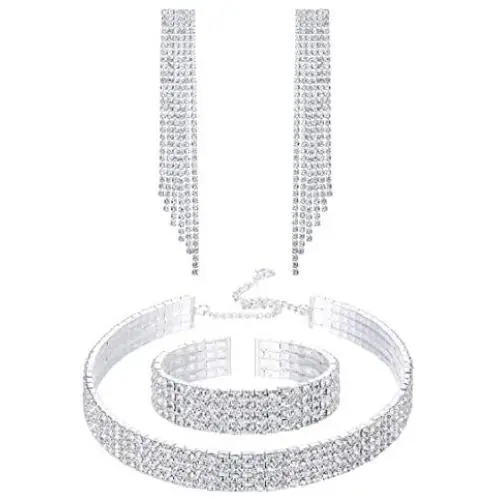 Udalyn Silver Fringe Crystal Rhinestone Bridesmaid Jewelry Sets for Women Necklace and Earring Set for Wedding with Crystal Bracelet Udalyn Silver Fringe Crystal Rhinestone Bridesmaid Jewelry Sets for Women Necklace and Earring Set for Wedding with Crystal Bracelet