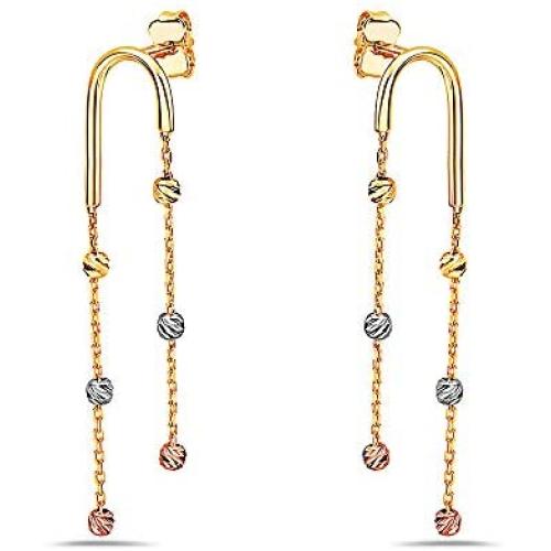 Pori Jewelers 14K Solid Tricolor Gold Diamond Cut Ball And Chain Dangle Earrings - Butterfly Backings - Yellow, White, And Rose Gold