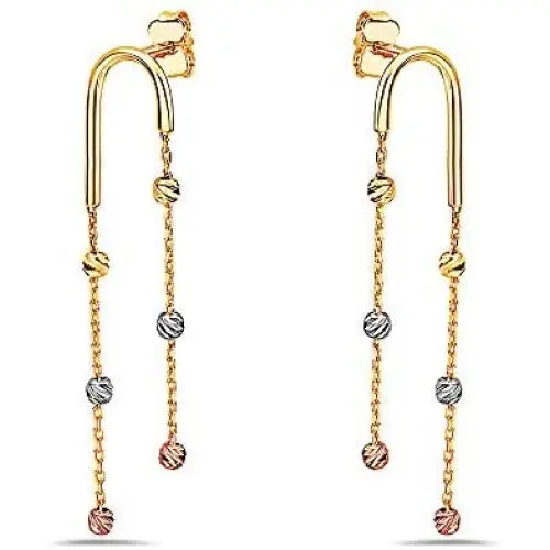 Pori Jewelers 14K Solid Tricolor Gold Diamond Cut Ball And Chain Dangle Earrings - Butterfly Backings - Yellow, White, And Rose Gold Pori Jewelers 14K Solid Tricolor Gold Diamond Cut Ball And Chain Dangle Earrings - Butterfly Backings - Yellow, White, And Rose Gold