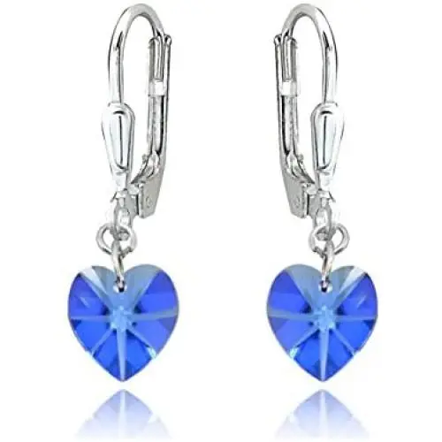 Sterling Silver Dainty Heart Dangle Leverback Earrings Made with Swarovski Crystals