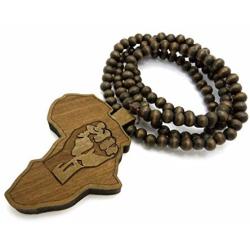 Shiny Jewelers USA Mens Wood Africa MAP FIST African Power Unity Wooden Bead Chain Necklace