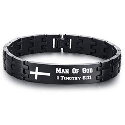MPRAINBOW Man of God 1 Timothy 6:11 - Stainless Steel Cross Bracelet - Christian Religous Gifts for Men Boy - Inspirational Bracelet Bible Verse Jewelry - Adjustable Link ID Bracelet