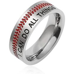 HZMAN Baseball Ring with Red Stitching, I CAN DO ALL THINGS STRENGTH Bible Verse Stainless Steel 7mm Rings