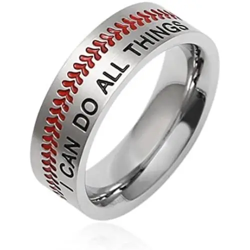 HZMAN Baseball Ring with Red Stitching, I CAN DO ALL THINGS STRENGTH Bible Verse Stainless Steel 7mm Rings HZMAN Baseball Ring with Red Stitching, I CAN DO ALL THINGS STRENGTH Bible Verse Stainless Steel 7mm Rings