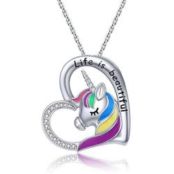 Rainbow Unicorn Necklace Sterling-Silver - Life is Beautiful Unicorn Heart Pendant Necklace for girls Women Girlfriend Daughter Granddaughter Birthday and Christmas Gift. (Rainbow Unicorn Necklace)