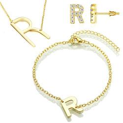 Cocadant Gold Large Initial Necklace,Gold Initial Bracelet,Gold CZ Initial Stud Earrings for Women Girls Men,Stainless Steel Letter Name Fashion Jewelry Set Gifts,Alphabet 26 A-Z
