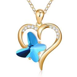 Heart Butterfly Necklaces for Women, Crystal Blue Butterfly Pendant Necklace Butterfly Jewelry Gifts, Dainty 14K Gold/Silver/Rose Gold Plated Heart Butterfly Charm Necklaces for Women