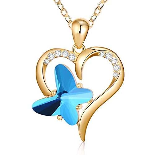Heart Butterfly Necklaces for Women, Crystal Blue Butterfly Pendant Necklace Butterfly Jewelry Gifts, Dainty 14K Gold/Silver/Rose Gold Plated Heart Butterfly Charm Necklaces for Women