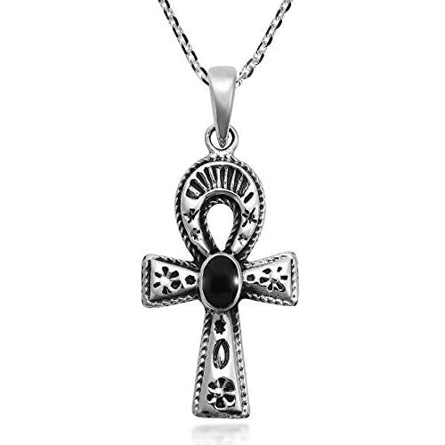 Eternal Life .925 Sterling Silver Egyptian Ankh Simulated Black Onyx Inlay Pendant Necklace