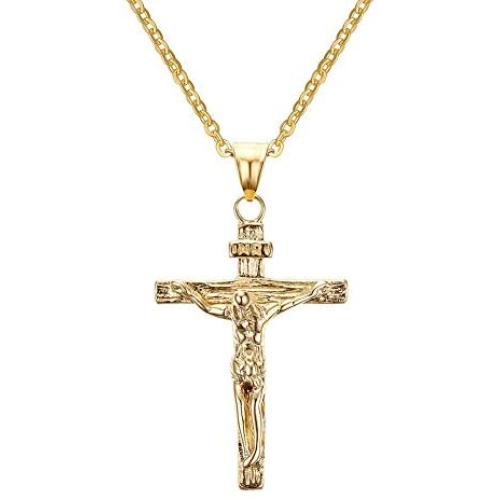 Across Stainless Steel Jesus Crucifix Cross Necklace Pendant for Men Women Christian with Chain Gold