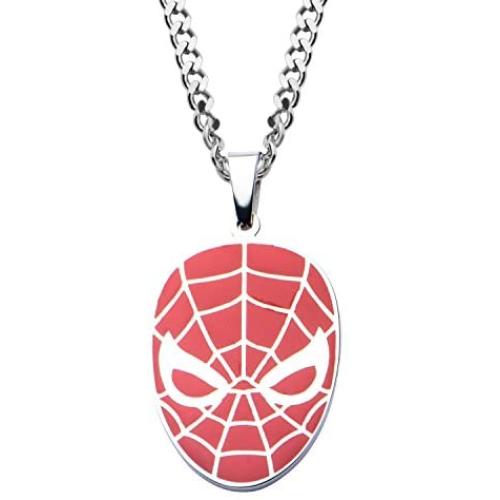 Marvel Comics Mens Stainless Steel Spider-Man Red Face Pendant with Chain Necklace, 22''