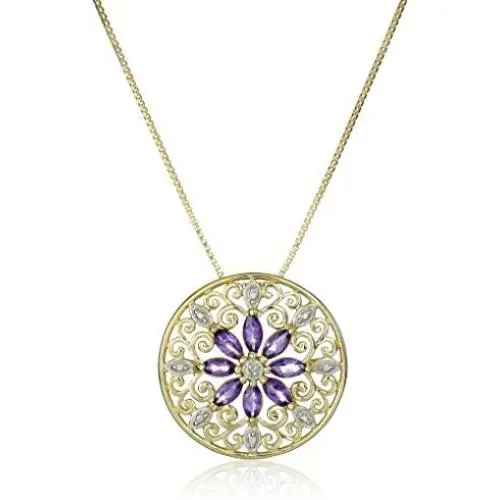 18k Yellow Gold Plated Sterling Silver Gemstone and Diamond Accent Filigree Mandala Pendant Necklace, 18'' 18k Yellow Gold Plated Sterling Silver Gemstone and Diamond Accent Filigree Mandala Pendant Necklace, 18''