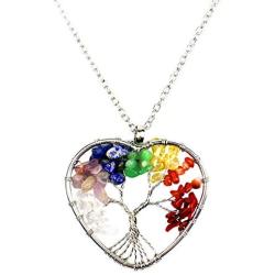 ARZASGO Tree of Life Charm Pendant Necklace, 7 Chakra Natural Quartz Reiki Healing Crystals Handmade Necklace for Family Friends