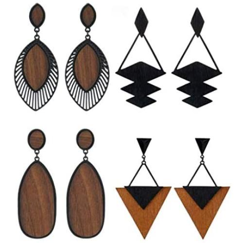 4Pairs Wood Dangle Earrings Ethnic Big Oval Geometric Wood Drop Earrings Bohemia Vintage Retro Wooden Statement Earrings for Women Girl Party Jewelry