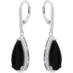 Pear Cut Gemstone and White Topaz Halo Dangle Leverback Earrings in Sterling Silver (18x8mm)