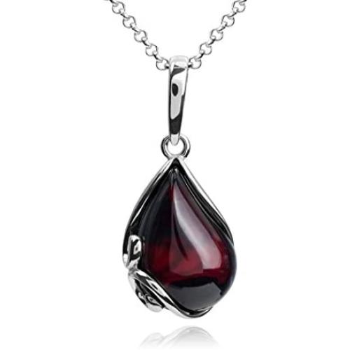 Cherry Amber Sterling Silver Pendant Necklace Chain 18''