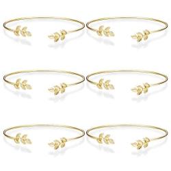 Finrezio 6 PCS Leaf Bangle Bracelets for Women Girls Simple Cuffs Sister Bridesmaid Bracelets for Bridal Wedding Jewelry Stretch, 3 Colors