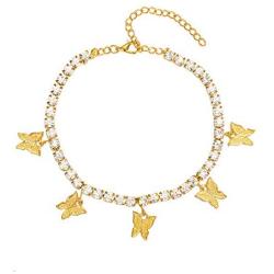 Butterfly Anklet for Women Teen Girls, 18K Gold / White Gold Plated Rhinestone Inlay Chain Tennis Ankle Bracelet with Extension