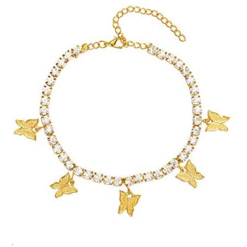Butterfly Anklet for Women Teen Girls, 18K Gold / White Gold Plated Rhinestone Inlay Chain Tennis Ankle Bracelet with Extension