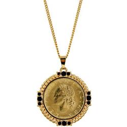 American Coin Treasures Italian 20 Lira Coin Pendant Necklace - Italian 20 Lire Goldtone Pendant with Faceted Round Jet Glass Stones| Italian Medallion Pendant