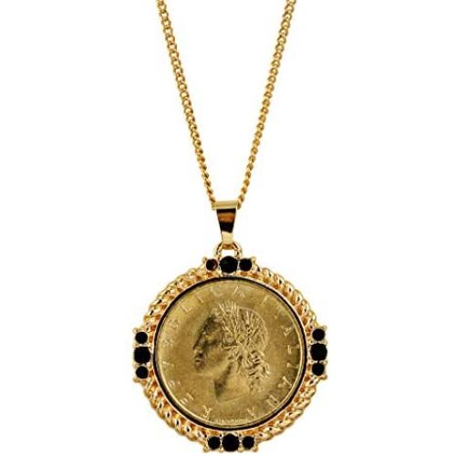 American Coin Treasures Italian 20 Lira Coin Pendant Necklace - Italian 20 Lire Goldtone Pendant with Faceted Round Jet Glass Stones| Italian Medallion Pendant