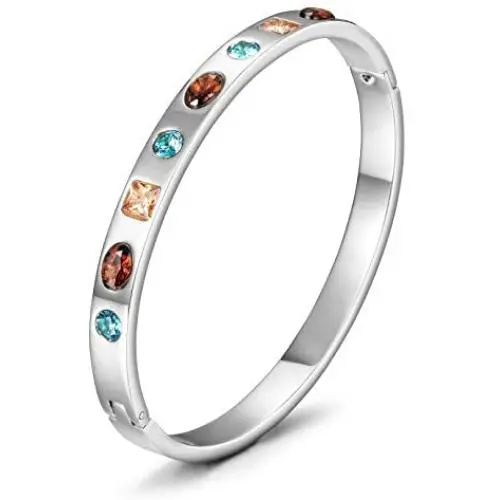 CIUNOFOR Cubic Zirconia Bracelet with 9 Colored Stones for Women Girls Stainless Steel Bangle Silver Rose Gold Plate Tone Wide Band Bracelet CIUNOFOR Cubic Zirconia Bracelet with 9 Colored Stones for Women Girls Stainless Steel Bangle Silver Rose Gold Plate Tone Wide Band Bracelet