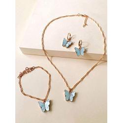 4 Pcs/Set Coforful Butterfly Jewelry Set Cute Acrylic Butterfly Pendant Necklace Bracelet Earrings Adjustable Chain Bohemian Necklace for Women Boho Jewelry Valentines Day Gifts